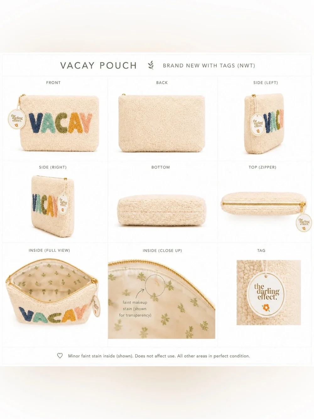 NWT The Darling Effect VACAY Teddy Sherpa Zipper Pouch Cosmetic Bag